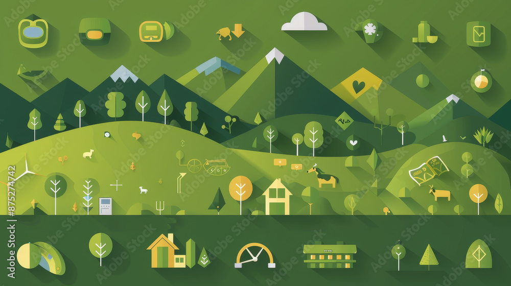 Environment: Icons such as trees, renewable energy sources (like wind turbines or solar panels), and recycling symbols.
Environment: Icons such as trees, renewable energy sources (like wind turbines or solar panels), and recycling symbols.