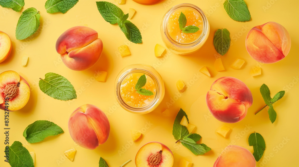 A visually appealing scene featuring peach smoothies in glass jars, accompanied by fresh ripe fruits and green mint leaves on a yellow pastel background, would create a vibrant and appetizing image. A visually appealing scene featuring peach smoothies in glass jars, accompanied by fresh ripe fruits and green mint leaves on a yellow pastel background, would create a vibrant and appetizing image.