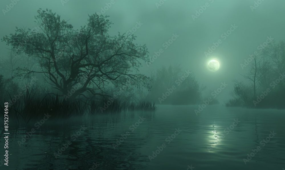A foggy, moonlit swamp with eerie trees and glowing orbs, with plenty of space on the left for text A foggy, moonlit swamp with eerie trees and glowing orbs, with plenty of space on the left for text