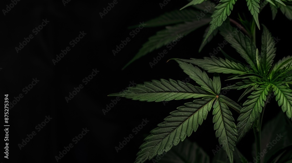 Marijuana cannabis leaves on the top of black background with copy space Marijuana cannabis leaves on the top of black background with copy space