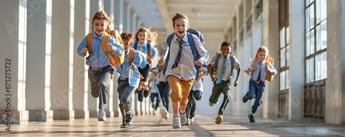Joyful school kids in uniforms, running down hallway with backpacks, front view, dynamic and high res, stock style.