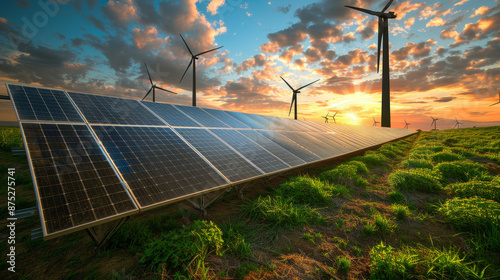 Wind turbines rise above the earth in a rural landscape, harnessing renewable energy as they rotate. This symbolizes sustainable energy practices and green technology, prioritizing environmental conse photo