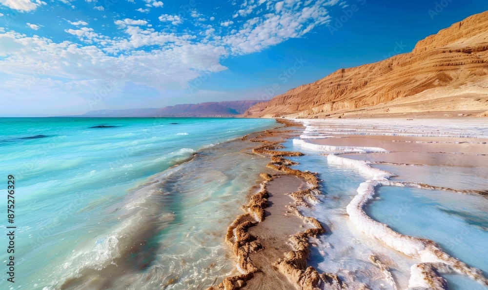 dead sea in Israel, featuring blue sky and white clouds, sandy beach with colorful salt crystals along the edge, calm waters with ripples and small waves, clear light green ocean dead sea in Israel, featuring blue sky and white clouds, sandy beach with colorful salt crystals along the edge, calm waters with ripples and small waves, clear light green ocean