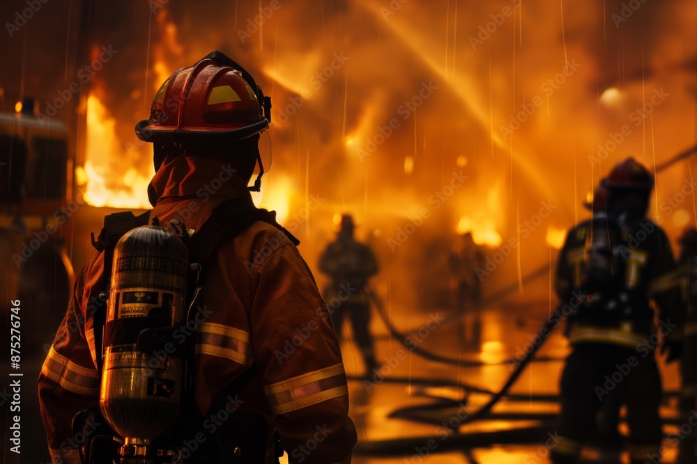 Firefighters battling flames, demonstrating bravery and skill in a dangerous rescue operation. Firefighters battling flames, demonstrating bravery and skill in a dangerous rescue operation.
