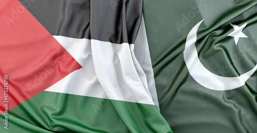 Palestinian and Pakistani flags side by side waving in the wind. 3D Rendering