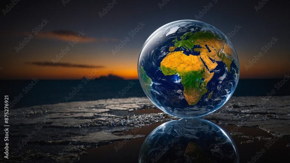 A stunning globe highlighting Africa with a sunset, showing continents and oceans on a reflective surface.