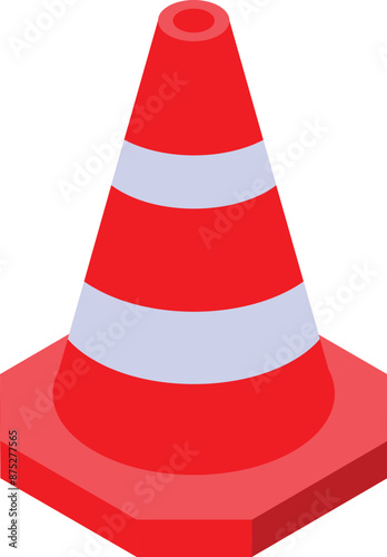 Red and white striped traffic cone standing for road safety, isometric view