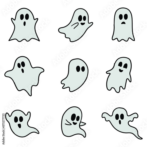 Hand drawn cartoon set of cute ghosts on white background. Halloween concept.