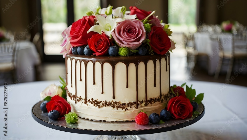 Wedding cake with ganache topping and floral arrangements. Wedding cake with ganache topping and floral arrangements.