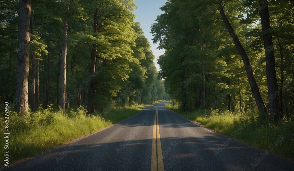 Fototapeta premium Tree-lined road with lush greenery in a peaceful setting.