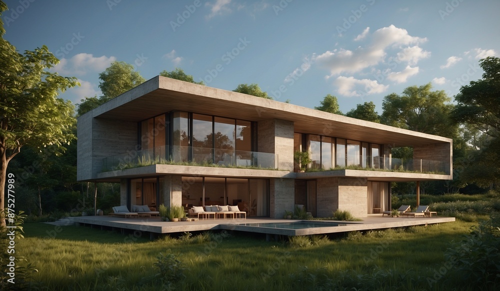 Modern two-story concrete house with large glass windows Modern two-story concrete house with large glass windows