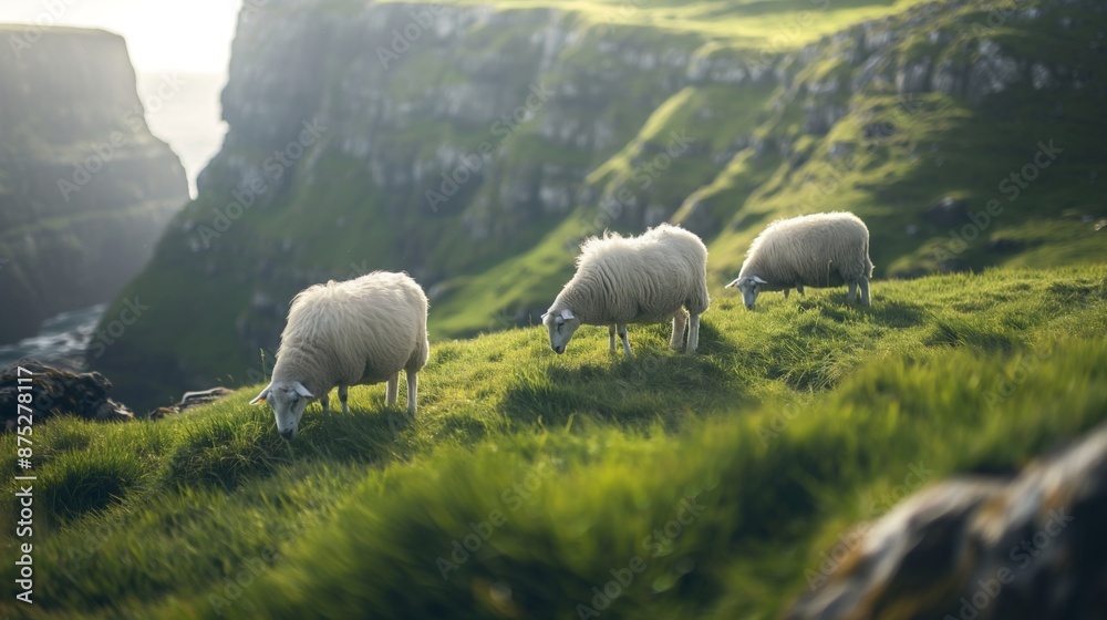 Fototapeta premium Sheep grazing on a green hillside, with a majestic background of cliffs and valleys.