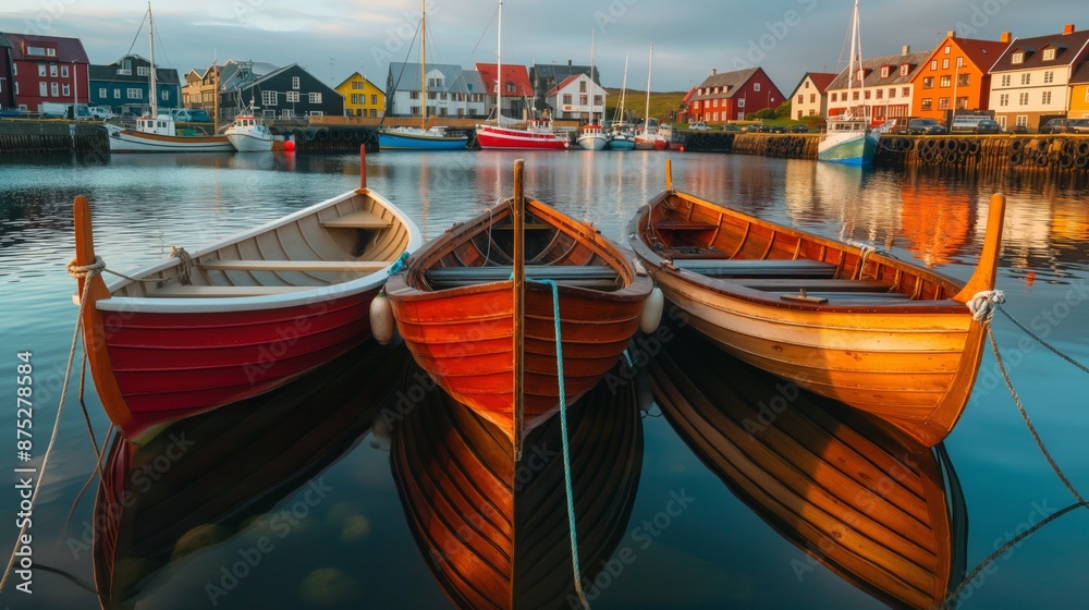 Obraz premium Tranquil harbor scene with moored wooden boats reflecting a colorful village backdrop at sunset.