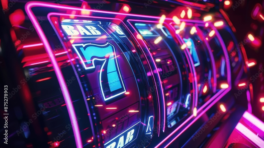 Glowing Slot Machine Reels Spinning with Vibrant Lights in Casino Ambiance Glowing Slot Machine Reels Spinning with Vibrant Lights in Casino Ambiance