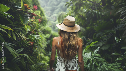 beautiful young lady traveling alone walking exploring woods jungle