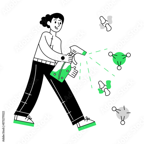 This outline illustration showing person killing germs with spray 

