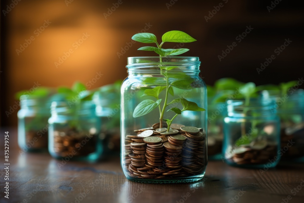 A glass jar filled with coins and a growing plant symbolizing financial growth and savings. Several jars with plants in the background. A glass jar filled with coins and a growing plant symbolizing financial growth and savings. Several jars with plants in the background.