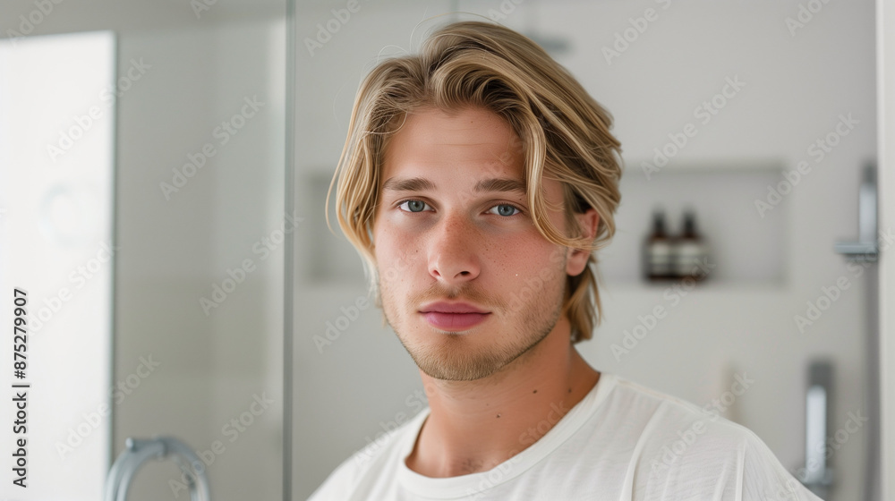 Smiling Handsome Blond Young Man in Bathroom Interior. Good looking and confident Smiling Handsome Blond Young Man in Bathroom Interior. Good looking and confident