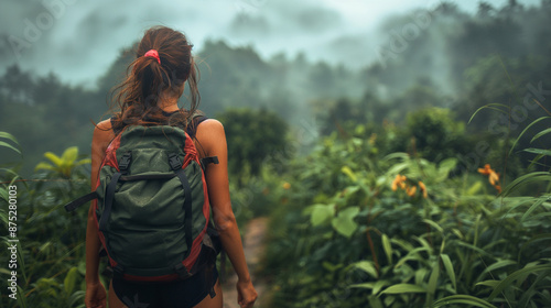 beautiful young lady traveling alone walking exploring woods jungle