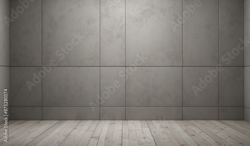 Empty grey room with wooden floor, minimal design feel.