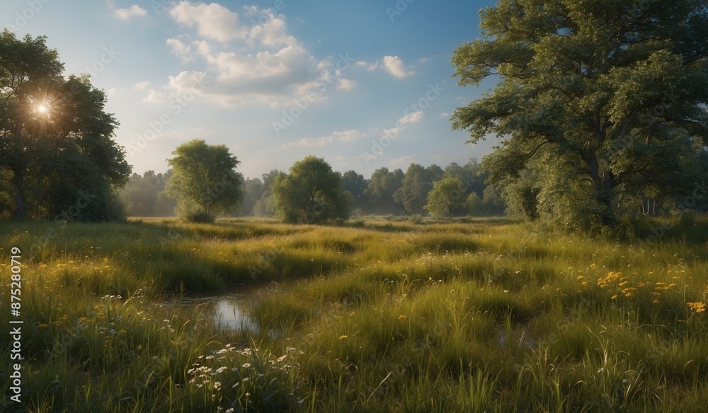 Sunset over lush meadow with trees and small ponds Sunset over lush meadow with trees and small ponds