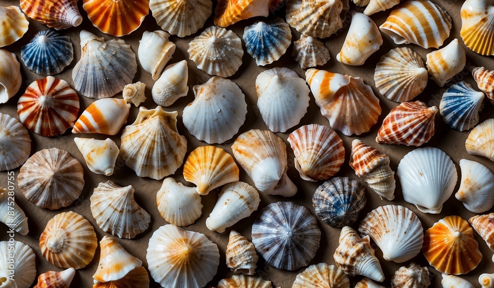 Closeup of colorful seashells on a sandy beach background