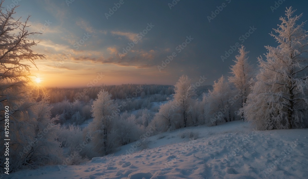 Snow-covered trees bathed in sunset glow winter wonderland Snow-covered trees bathed in sunset glow winter wonderland