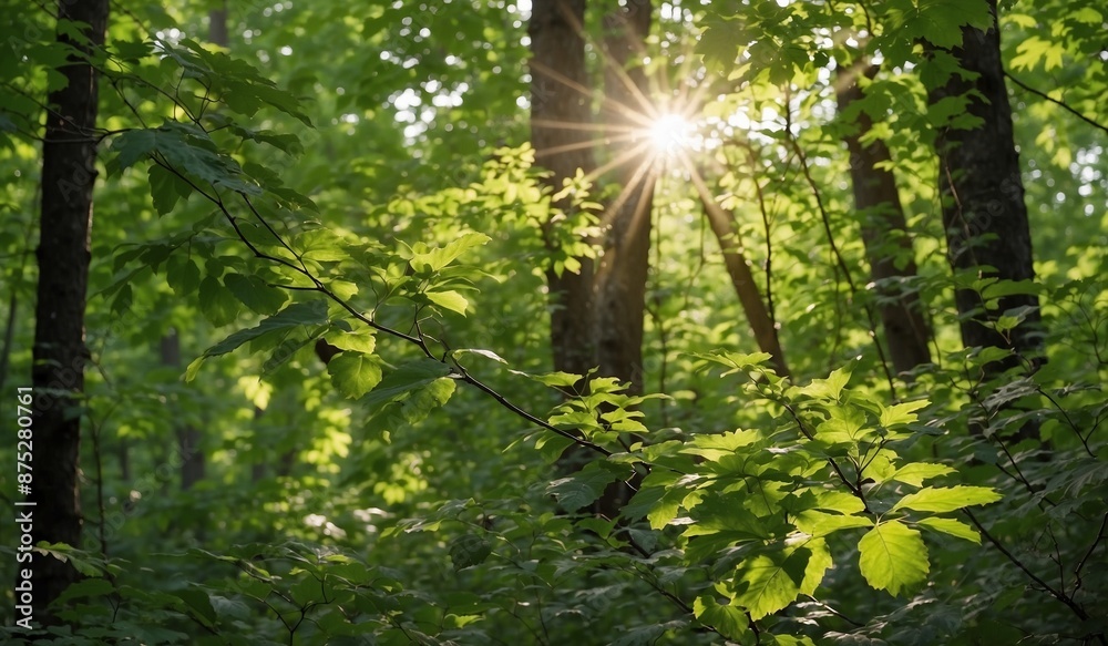 Obraz premium Sunlight filtering through lush tree leaves in forest