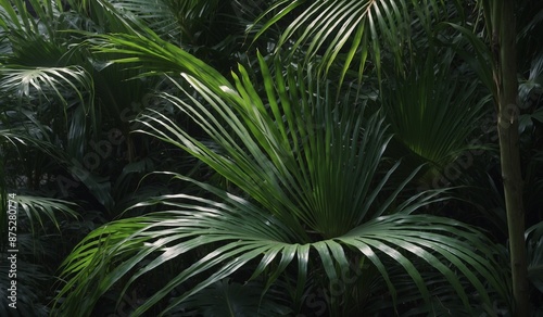 Lush tropical palm fronds in dense jungle setting. photo