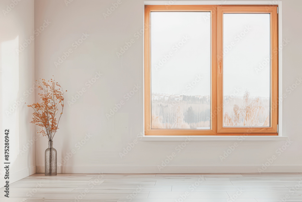 Fototapeta premium Large window in a stylish property room with neutral lighting, minimalist furniture and copy space. Residential Real Estate composition.