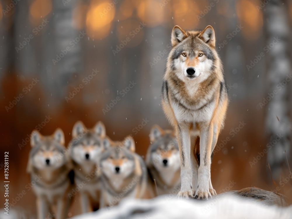 Obraz premium A pack of wolves standing on a snowy hill