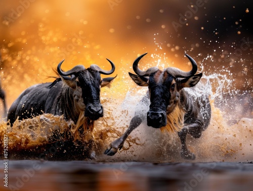 Plakat Two wildebeest are running through a river