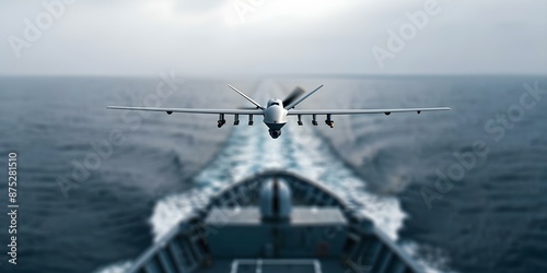 White military drone attacking ship at sea in modern combat scenario. Concept Military Drones, Naval Warfare, Modern Combat, Technology Advancements, Future Warfare