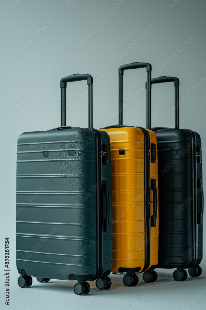 Modern Suitcase Lineup: A lineup of sleek, modern suitcases in various colors and size. Modern Suitcase Lineup: A lineup of sleek, modern suitcases in various colors and size.