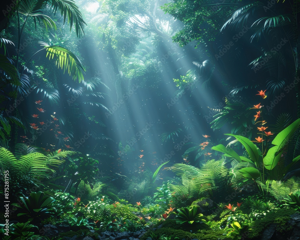 A lush green jungle with sunlight shining through the trees A lush green jungle with sunlight shining through the trees