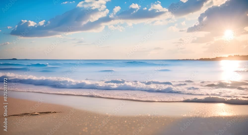 Blurred background of a beautiful beach with a blue sky and white clouds 4k animation Blurred background of a beautiful beach with a blue sky and white clouds 4k animation