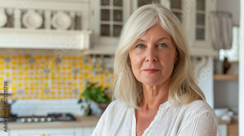 Woman Standing on White Kitchen Interior. Blond Hair, Little Smile (50, 55, 60 years old). Housewife, Mature, Cook, Culinary, Lady, Blond 