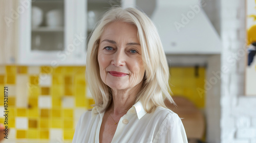 Free Download Woman Standing on White Kitchen Interior. Blond Hair, Little Smile (45, 50 years old). Housewife, Mature, Cook, Culinary, Lady, Blond  - GFXLoad