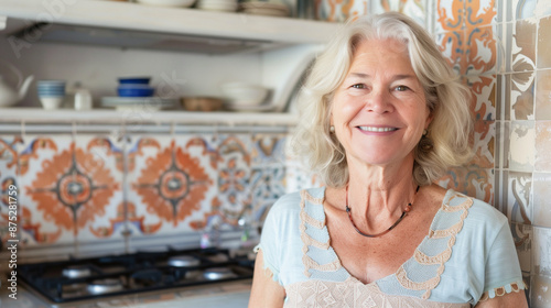 Woman Standing on White Kitchen Interior. Blond Hair, Little Smile (55, 60 years old). Housewife, Mature, Cook, Culinary, Lady, Blond 
