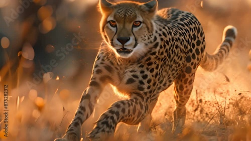 cheetah running in Kruger National Park with the Savannah trees in the background, generative ai