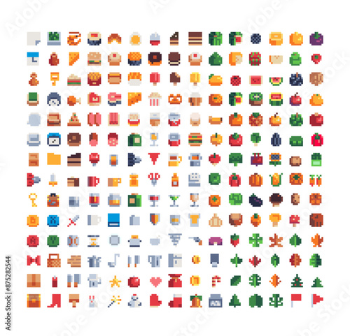 Pixel art style icons set, various vector illustrations, design applications, 8-bit, mobile app, game assets. Isolated retro pixel art vector illustrations set. 