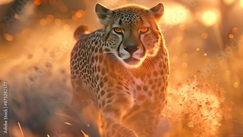 cheetah running in Kruger National Park with the Savannah trees in the background, generative ai