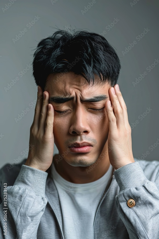 Portrait of upset sad depressed man in living room at home alone suffering from headache. Portrait of upset sad depressed man in living room at home alone suffering from headache.