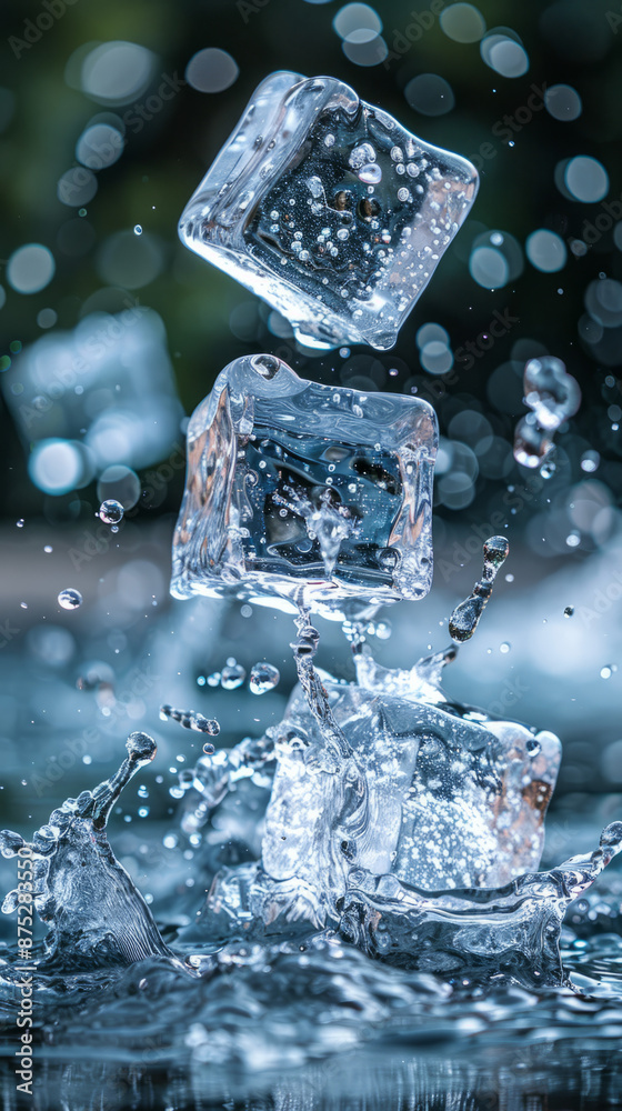 An abstract illustration of ice, with its transparent, clear cubes and flowing waves. liquid splash with frozen ice An abstract illustration of ice, with its transparent, clear cubes and flowing waves. liquid splash with frozen ice