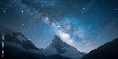 Starry Night Sky and Milky Way Over Tranquil Mountain Landscape. Concept Starry Night Sky, Milky Way, Tranquil Landscape, Mountain View