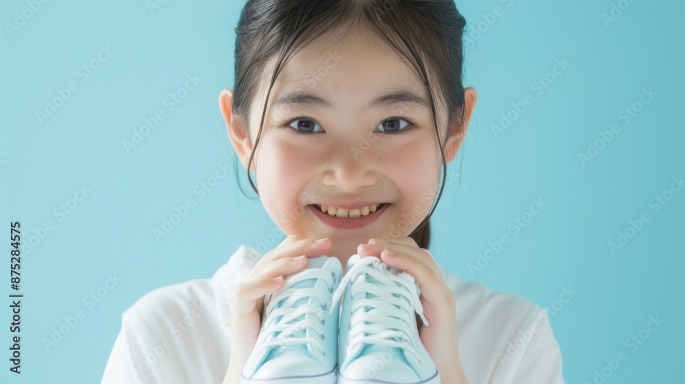 Close-up of a Japanese teenage girl showing a new pair of shoes with a big smile, wearing a stylish white shirt, standing in front of a light blue background, Portrait close-up, hyper-realistic, high Close-up of a Japanese teenage girl showing a new pair of shoes with a big smile, wearing a stylish white shirt, standing in front of a light blue background, Portrait close-up, hyper-realistic, high