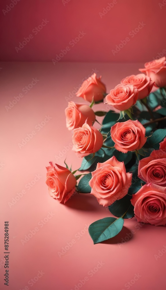 Valentine's Day design concept background with pink and red rose flowers on pink table background, Valentines, Spring or Mother's day, Valentine's Day design concept background with pink and red rose flowers on pink table background, Valentines, Spring or Mother's day,