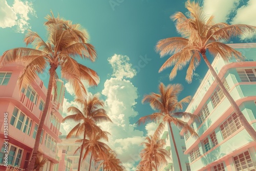 A retrostyle photo of Miami Beach, with pastel pink and teal buildings photo