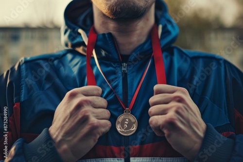 An athlete stands proudly with a medal around their neck, symbolizing their hard-won achievement. The athletic attire and confident stance exude a sense of accomplishment.