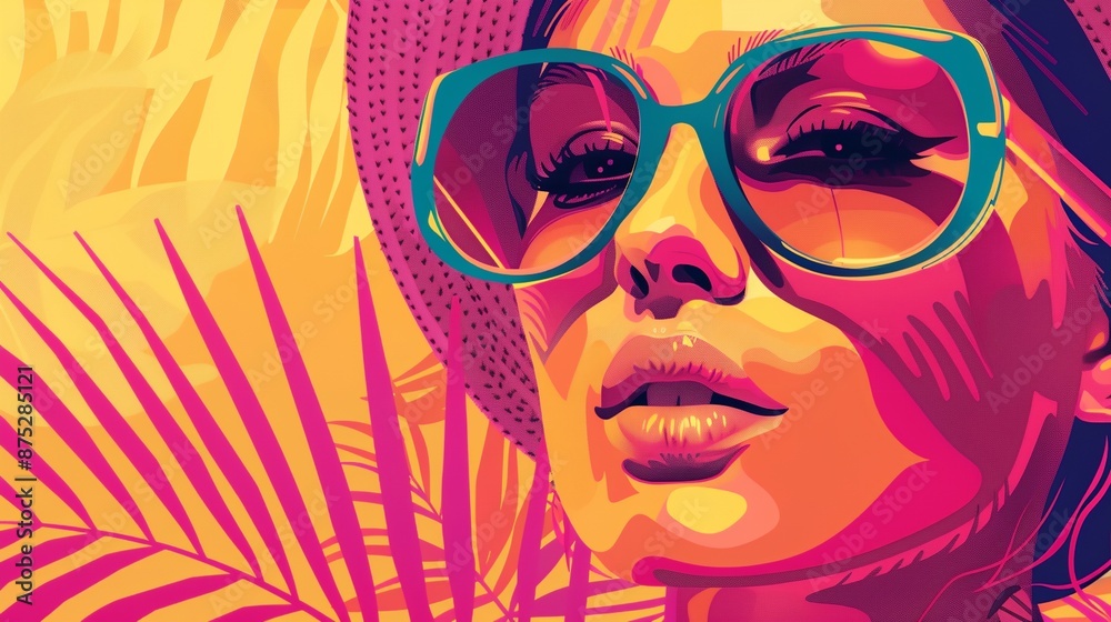 a woman wearing sunglasses and a hat with a palm leaf in the background a woman wearing sunglasses and a hat with a palm leaf in the background